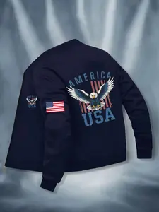 Men's Fall Winter Casual Letter Usa Eagle Graphic Print Stand Collar Long Sleeves Jacket, Casual Outdoor Outerwears, Business Style Outdoor Sports Coat, Zipper Closure Design