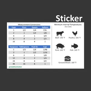 Kitchen Measurement Conversion Sticker with Internal Temperature Listing 3" x 5"