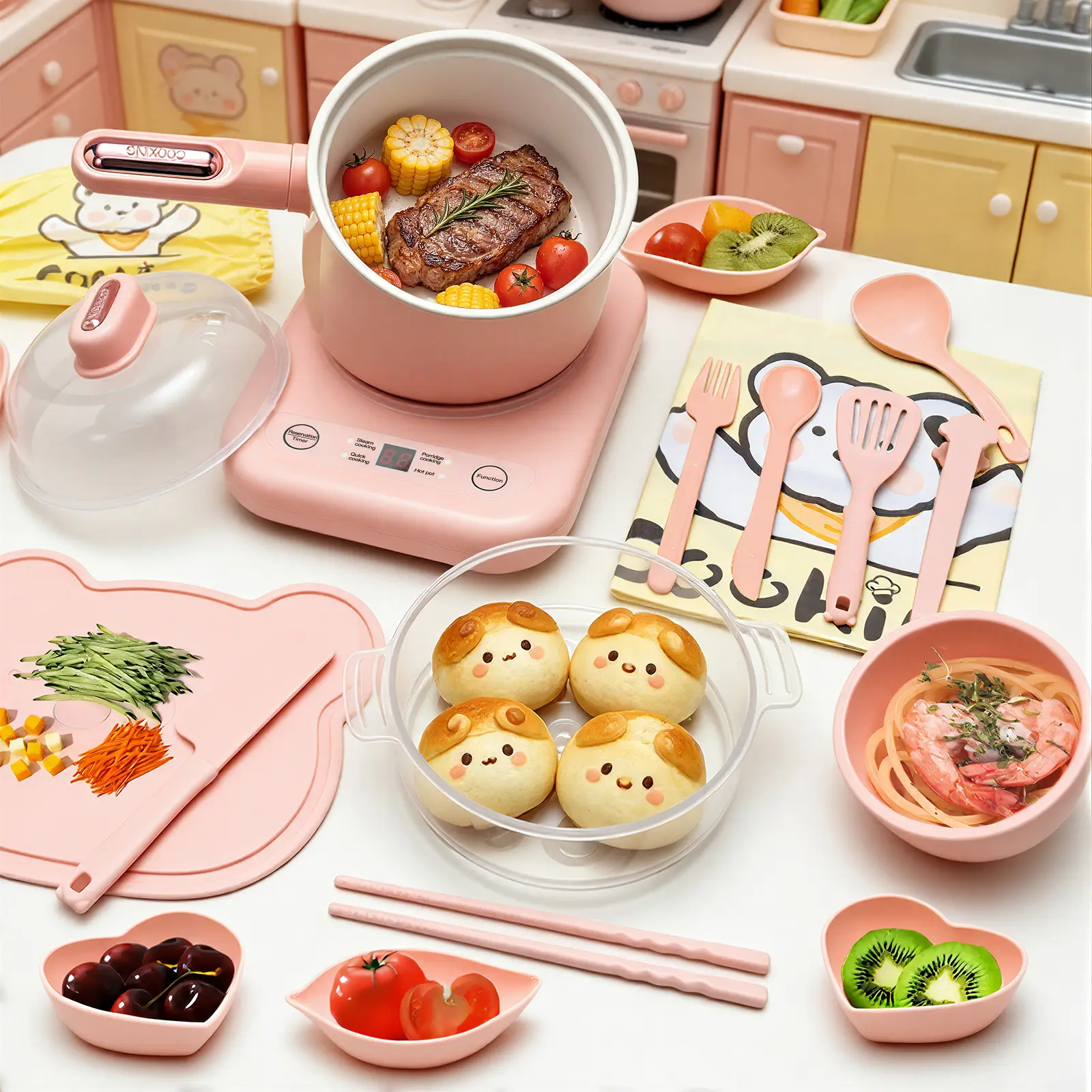 Kids Real Cooking Set Mini Pink Kitchen Playset for Ages 8-12 Montessori Educational, Real Food Making