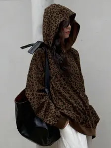 Spring Fall Corduroy Leopard Print Oversized Hoodie, Full Leopard Pattern, Fashion Versatile, Unisex Couple Valentine's Day Sweatshirt