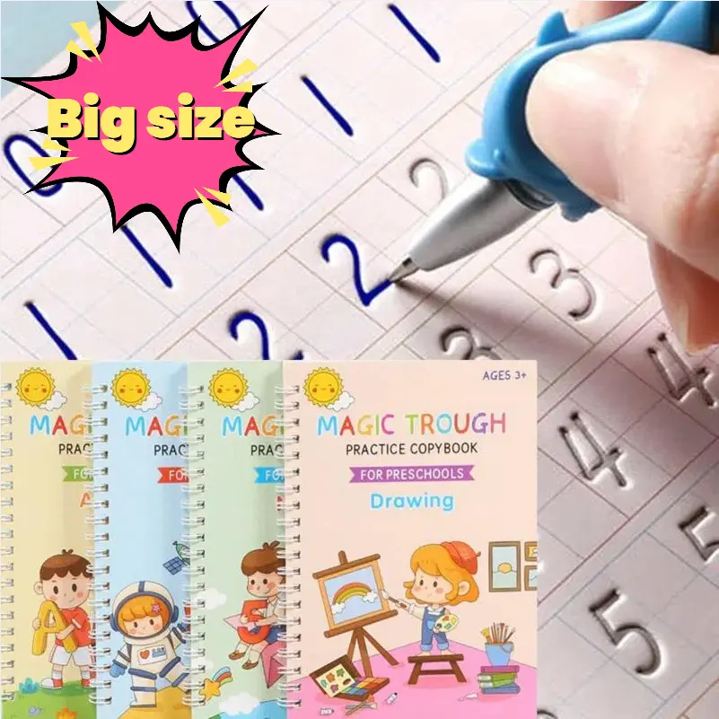 4 Pcs Big-Size Reusable Grooved English Letter Tracing Practice Copybooks for Preschool Kids with Small Hands, Magic Disappearing Ink Writing Pen, Ergonomic Handle