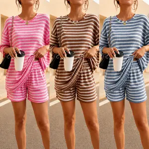 2 Piece Striped Loungewear Set for Women Soft Knit Oversized T-Shirt & Shorts Flattering Loose Fit Comfy Breathable Home Wear for Daily Errands Vacation