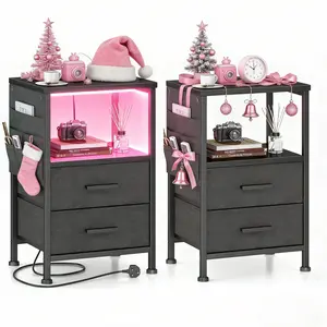 【Black Friday】Mr IRONSTONE Night Stand Set 2, Night Stand with Charging Station, LED Nightstand with U-S-B Ports and Outlets, 2 Fabric Storage Drawers with PU Finish, Small Bedside Table, Black