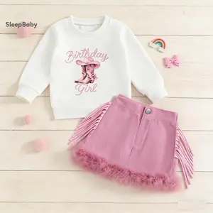 2 Pcs Set Little Toddler Girls Birthday Outfits Letter Boots Long Sleeve Tops And Tassel Fur Trim A Line Skirt Birthday Printed Denim Hat And High Heels Carnival Liberation