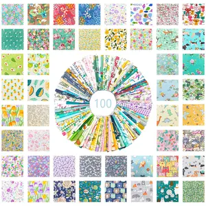 100 Pieces Printed Durable Fabric Set, 10cm X 10cm Pre-Cut Squares for Sewing Crafts, Floral, Cartoon, Fruit Styles, DIY Scrapbook, Beginner Friendly