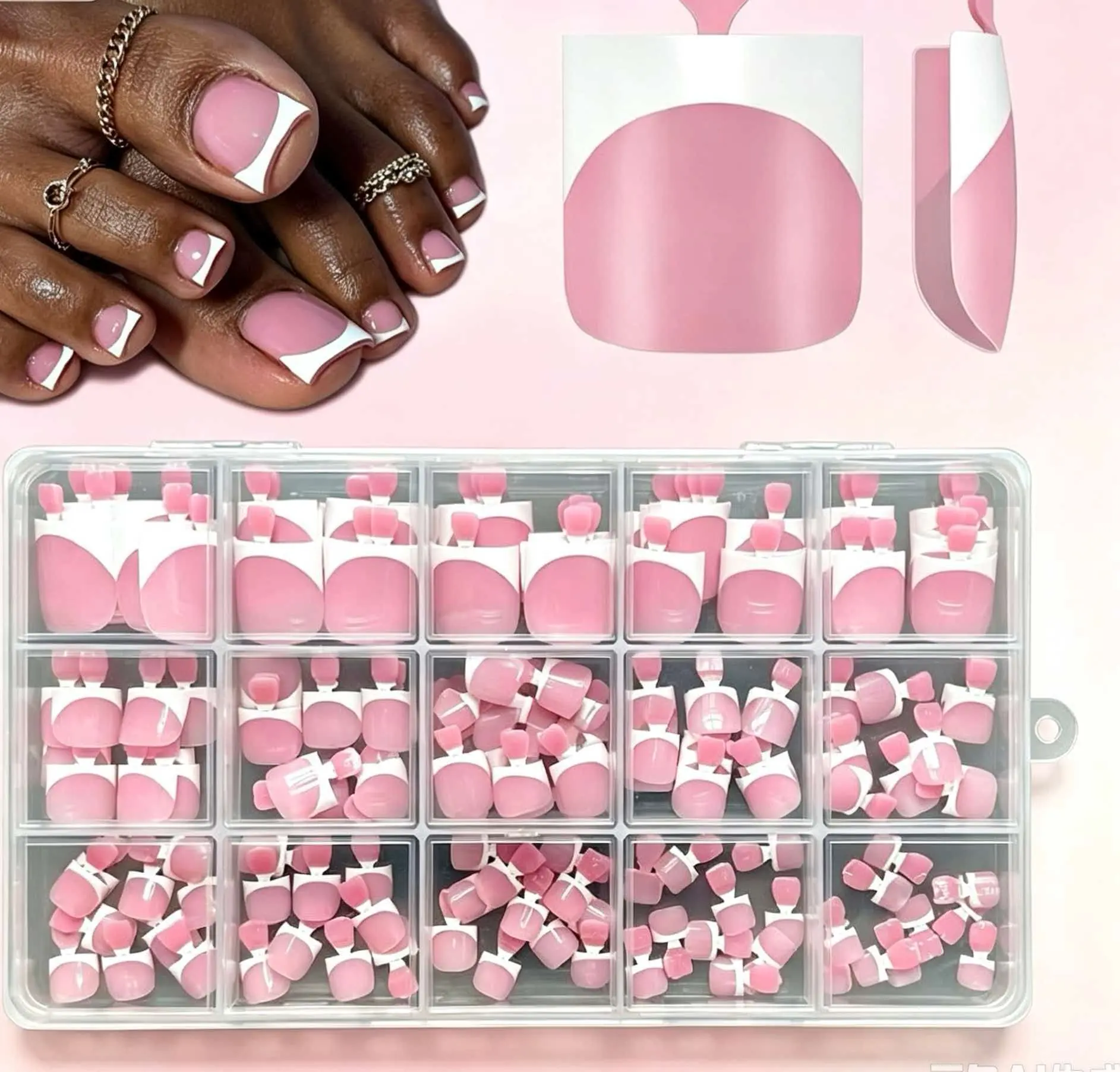 Toe Nail Press ons - 150pcs Press on Toenails for Women, French Tip Toe Press on Nails Fake Toe Nail Tips Square Fake Toenails in 15 Sizes