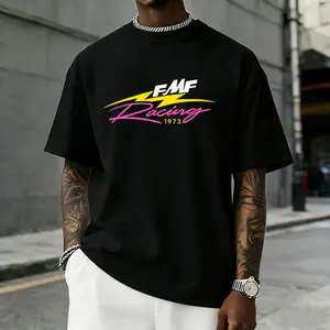 Men’s pure cotton black short-sleeve T-shirt featuring a vintage racing-style FMF print, relaxed drop-shoulder design, comfortable and breathable, eye-catching and stylish—an American retro street-style piece that’s versatile!