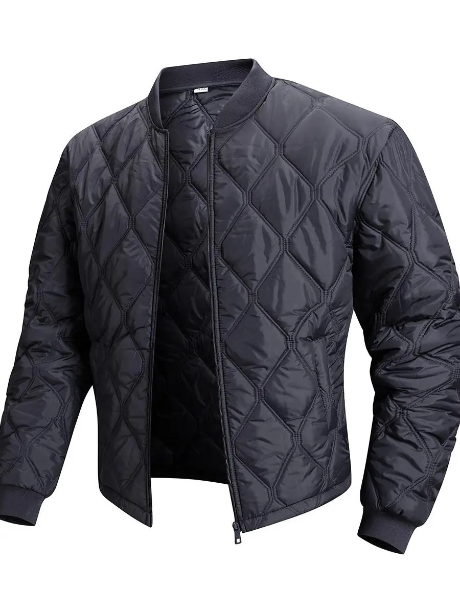 Menswear Diamond-Quilted Stand-Collar Long Sleeve Bomber Liner Jacket - Plain Black Lightweight Zipper-Up Casual Inner Coat for Mature Gentlemen, Thin Warm Quiet Luxury Transitional Layering for Spring Fall Daily Commute, Bomber Jacket, Foldable, Zippers,