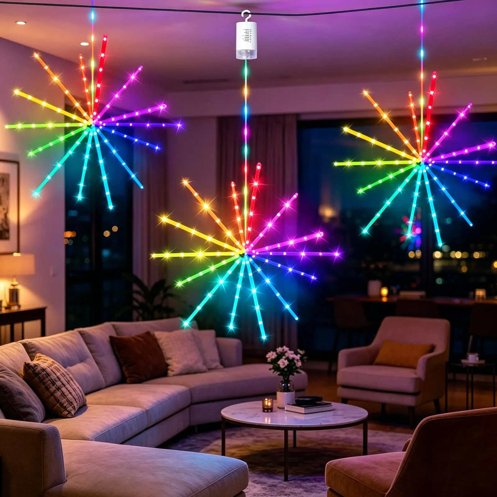 Starburst Light Battery Powered 3D Flowing Fireworks Light, Exploding Star Flowing Light with Remote Control, 112 Modes, Girlish Room Hanging Light, Suitable for: Courtyard, Valentine's Day, Hallway, Camping, Christmas, New Year's.