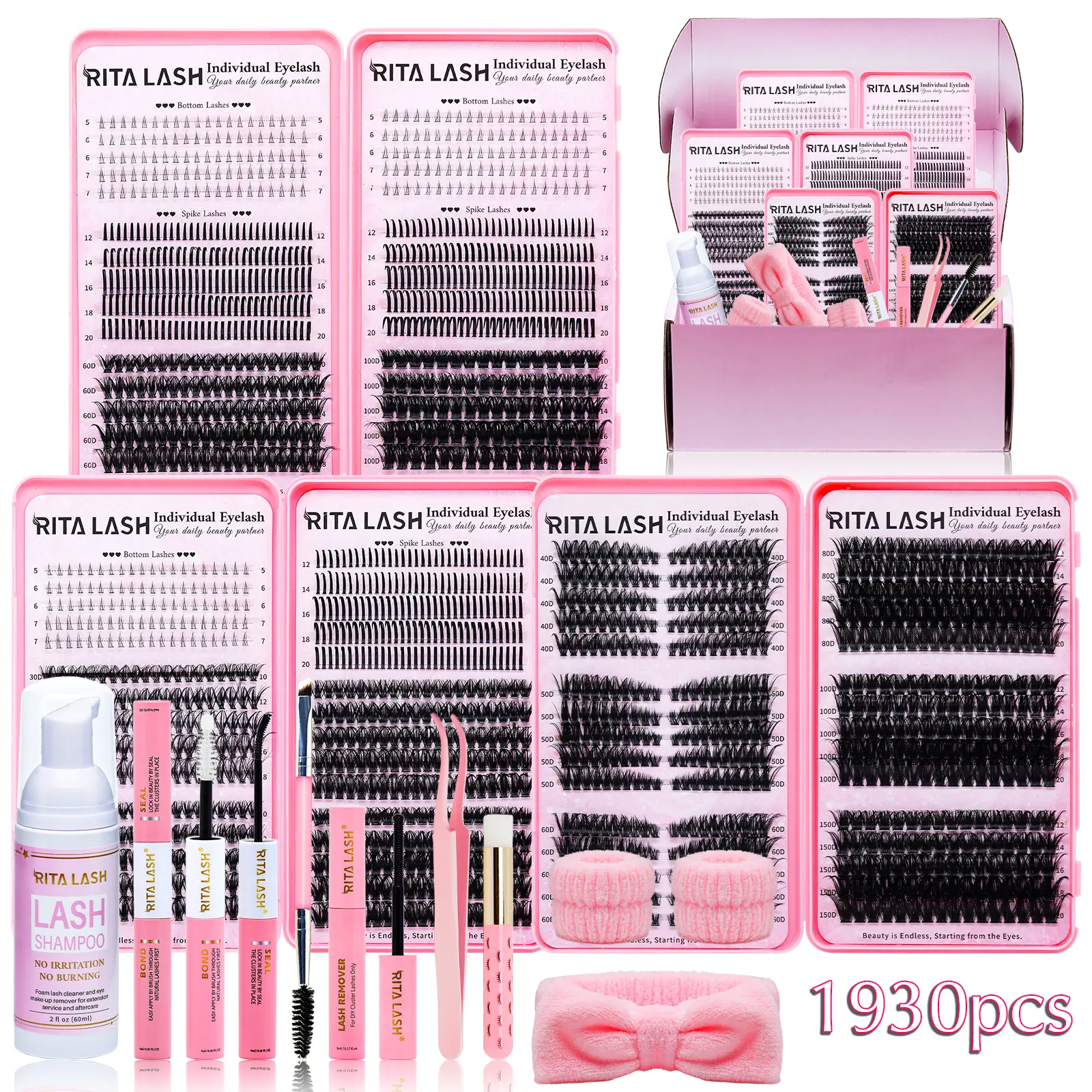 RITALASH 1930Pcs D Curl Large Capacity Eyelash 3 Trays Book Kit Bottom+Spike+60D+100D+30D+50D+80D+Cat40D/50D/60D+150D Natural Eye Makeup Easy To Carry, Reusable, with Make Up Tools Bond&Seal, Remover, Headband, Suitable For Daily Going Out, And Holidays