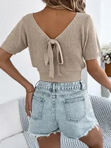 Summer Round Neck Solid Color Backless Bow Tie Waist Cinched Crop Top, Beach Vacation Casual Short Sleeve Knit Sweater for Women