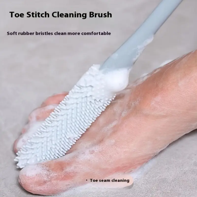 1 Pc Ergonomic Long Handle Foot Scrub Brush, Foot Scrubber Pedicure Tools Care Tool | Minimalist Neutral Tone Style | Soft Silicone Bristles Exfoliating Foot Cleaner for Toe Seam & Heel, Gentle Foot SPA & Shower Use