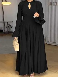 Plus Size Elegant Flounce Sleeve A-Line Pleated Dress, Spring & Fall Woven Fabric, Suitable for Parties, Casual & Daily Wear