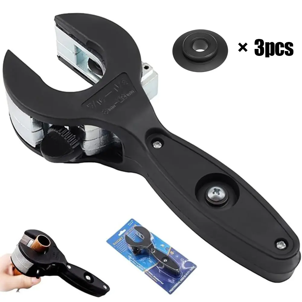 Ratcheting Tubing Cutter Heavy Duty Adjustable Pipe Cutting Tool with Replaceable Alloy Steel Blade * 3pcs for Copper Aluminum Iron Stainless Steel Conduit Plumbing HVAC Work (Black, 5/16" to 1-1/8")