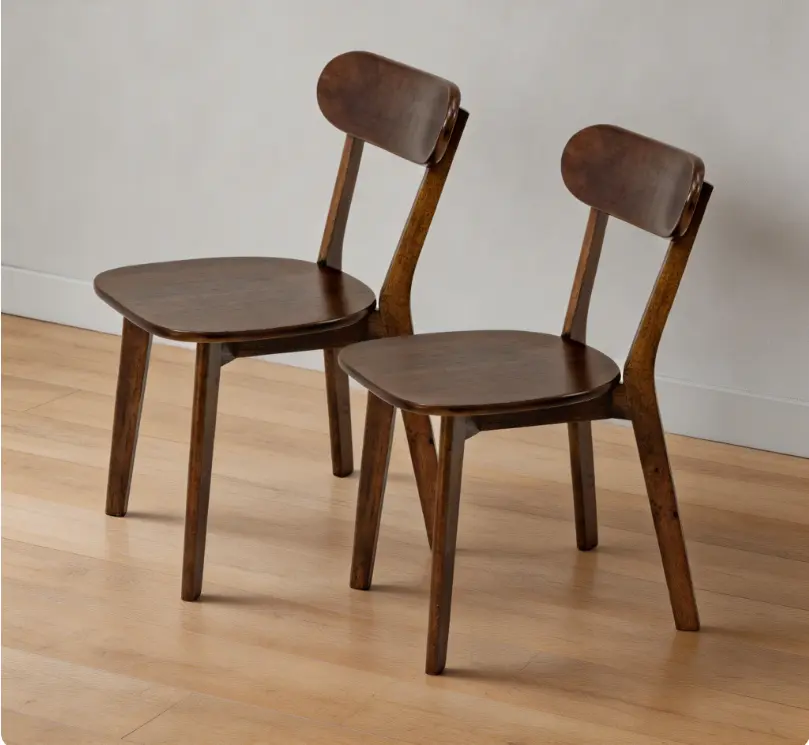 Set of 2 Walnut Solid Wood Mid Century Dining Chairs, Elegant Curved Backrest Natural Wooden Side Chairs with Adjustable Foot Pads, Viral Retro Indoor Furnishing for Dining Room & Study Decor Durable Seating, Indoor Furniture Chairs