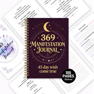 369 Manifestation Journal, a must-have planner for spiritual growth, with a Purple-Gold Star and Moon cover design, includes daily 3/6/9 affirmation exercises and gratitude recording pages, a 45-day wish-fulfillment plan, spiral binding for portability an