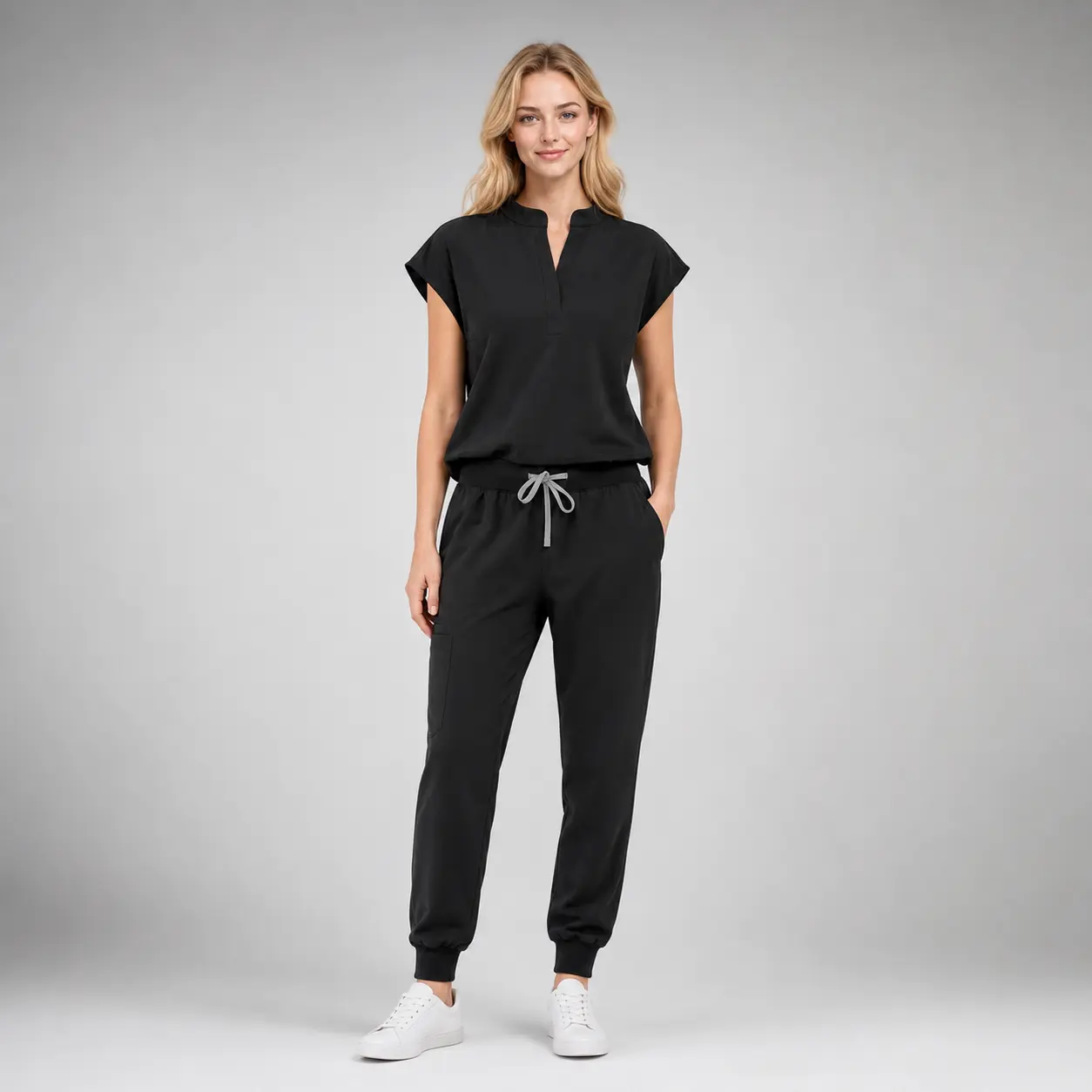 EADFLIE Scrubs Set for Women, Stretchy Jogger Nurse Outfit, Sleeveless Stand Collar Scrub Top & Pants with 8 Pockets, Loose Fit Medical Uniform, Comfy Work Scrubs for Nurses