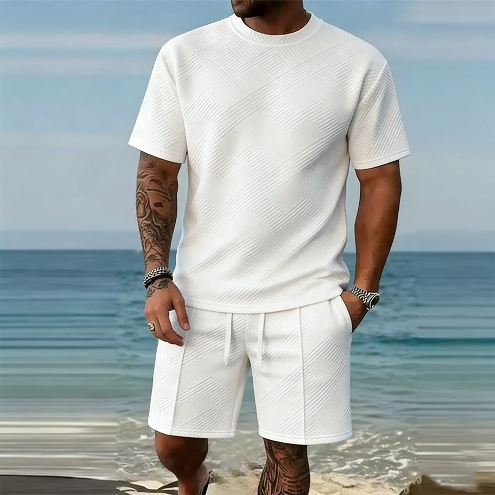 Men’s 2-Piece Regular Fit Set, Solid Color Textured Short-Sleeve Top & Shorts, Quick Beach Outfit, Casual Summer Apparel for Beach Vacations, Round Neck, Matched Top & Shorts