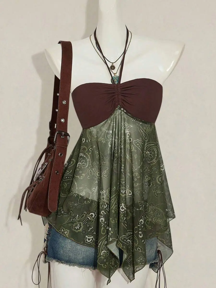 Y2k Women's Western Boho Babydoll Country Brown And Green Vacation Cashew Paisley Print Drawstring Halter Neck Camisole