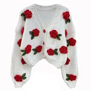 Oversized Chunky 3D Flower Cardigan Knit Sweaters Sweet Trendy Open Front Cardigan for Women Fall Winter Holiday Gift