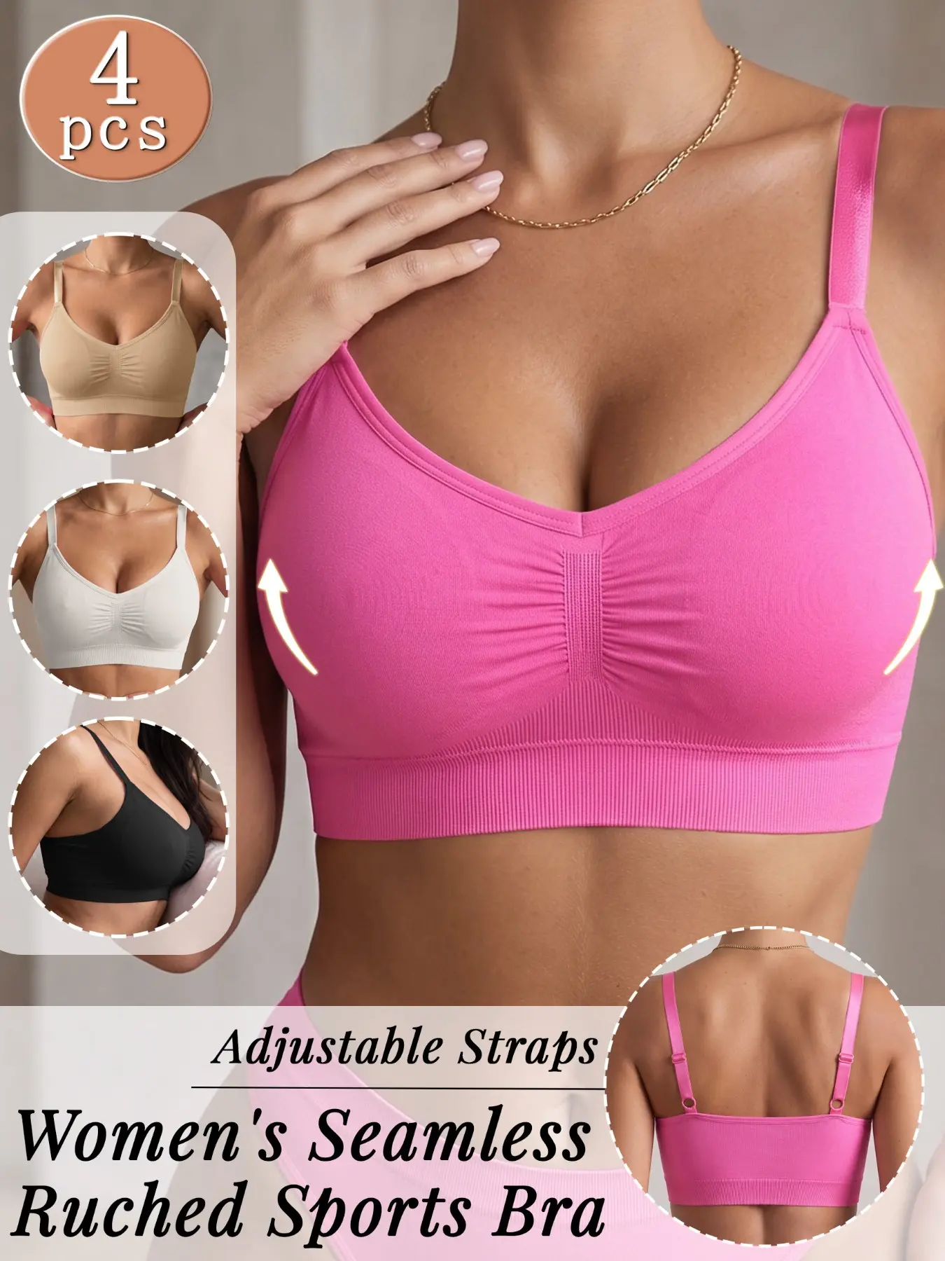 4 Pack Wire Free Seamless Adjustable Workout Bra Wide Underband Support Push Up Ruched Front Comfort Sports Bra Sportswear Bra Adjustable Sports Bras