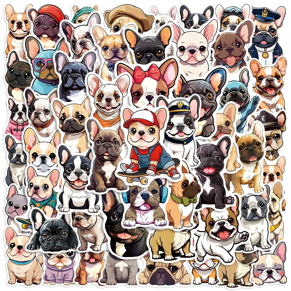 50 Cartoon French Bulldog Doodle Stickers, Suitable for Scrapbooks, Diaries, Laptops, Water Bottles, Cars, Funny Car Stickers, and Other Faith-based Designs—gifts with Positive Messages.