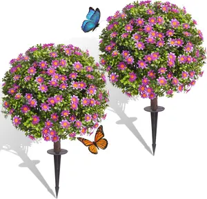 Dense Daisy 24" Artificial Topiary Ball Trees with Dense Blooms, Set of 2 Fake Bushes with Ground Spike, UV Resistant Faux Evergreen Plants for Outdoor Indoor Spring Garden Front Porch Decor