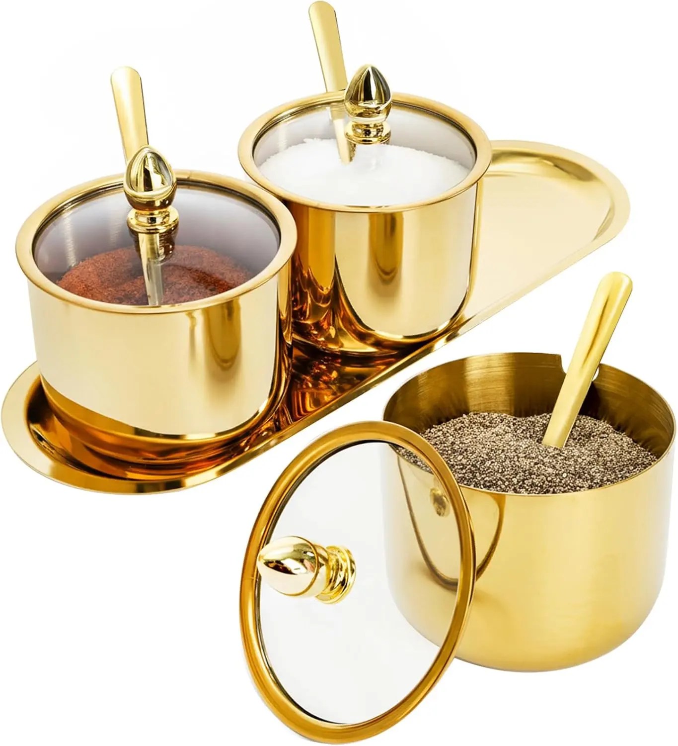 Set of 3 Grids 304 Stainless Steel Seasoning Containers with Glass Lid Spoon and Tray, 11 oz Gold Condiment Jar Spice Container, Condiment Canisters Pots for Serving Sugar, Pepper, Salt, Candy