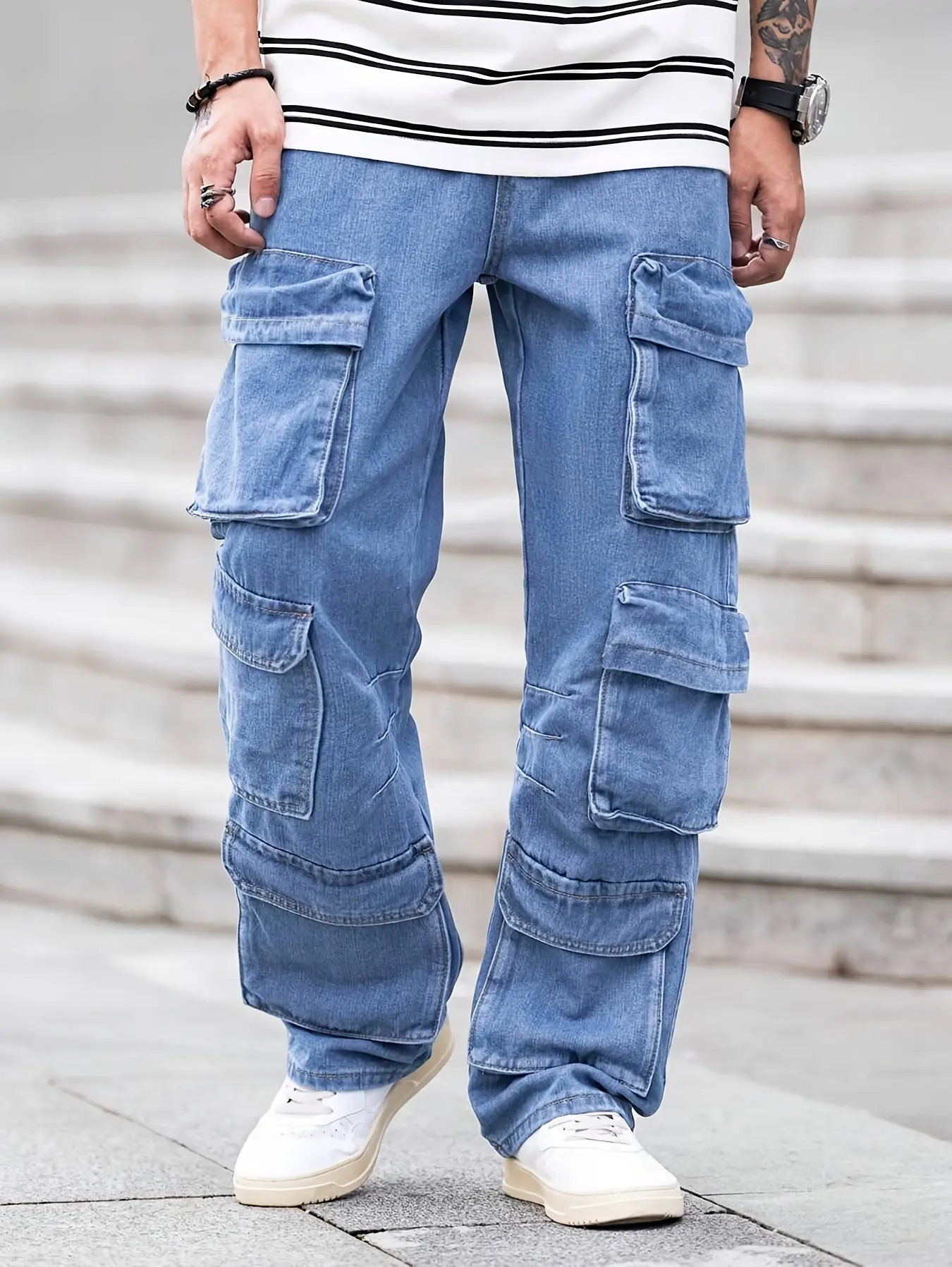 Men's Casual Denim Overalls - Menswear Casual Wear Loose Baggy Bib Pants with Multiple Pockets, Viscose-Blended Glossy Cotton-Polyester Fabric, Overalls Pants, All-Season, Jeans, Regular Length, Dry Clean, Plain, Solid Color Pairs Easily With Tees, Woven,