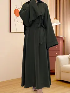 Women's Solid Color Nidaa Fabric Lounge Dress, Casual Comfy Long Sleeve Belted Dress for Daily Wear, Ladies Sleepwear for All Seasons