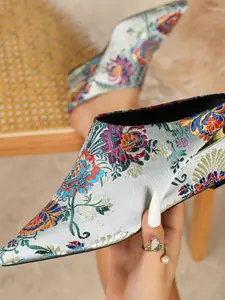 Embroidered Pointed Toe Women's Wedge Sandals, Comfortable Blue Thick Sole Slip-On High Heels for All Seasons, Stylish Traditional Chinese Footwear