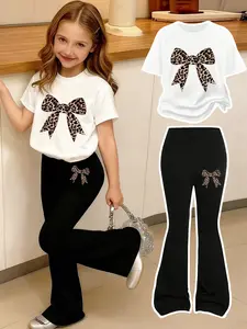 Girls' Leopard Bow Cartoon Print, Round Neck Short Sleeve T-Shirt & Bell Bottoms, Comfortable Elastic Waist Pants, Spring Summer, Girl Clothes School, Leopard Print Set, Summer Clothing Set