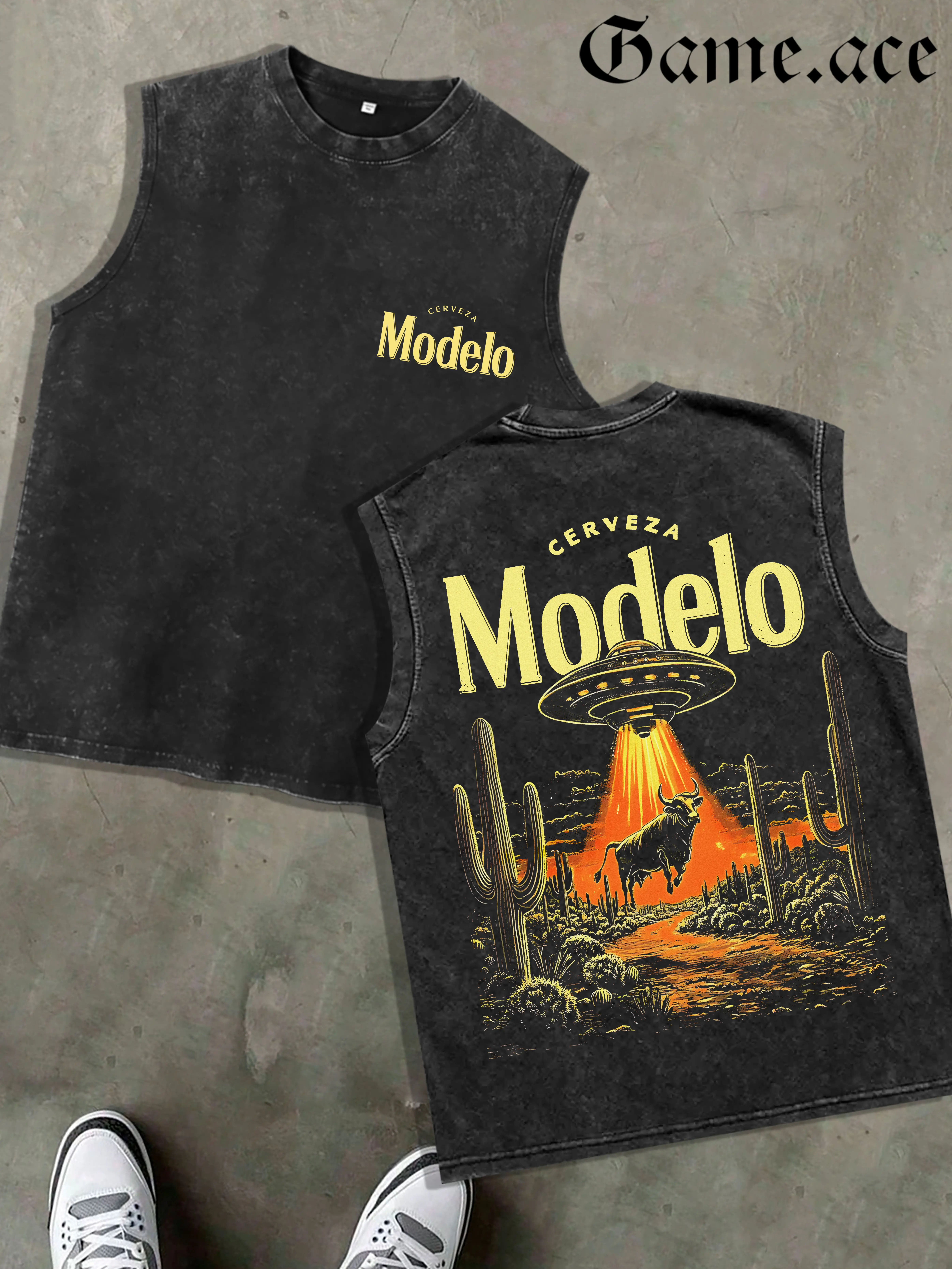 1 PCS Retro Washed Black Sleeveless Tank Top, Front Mini "Cerveza" Print + Back UFO & Western Bull Desert Graphic, Sci-Fi Western Streetwear Style, 100% Cotton Unisex Oversized Vest, Streetwear Meetups, Great Gift for Sci-Fi & Western Fans Womenswear