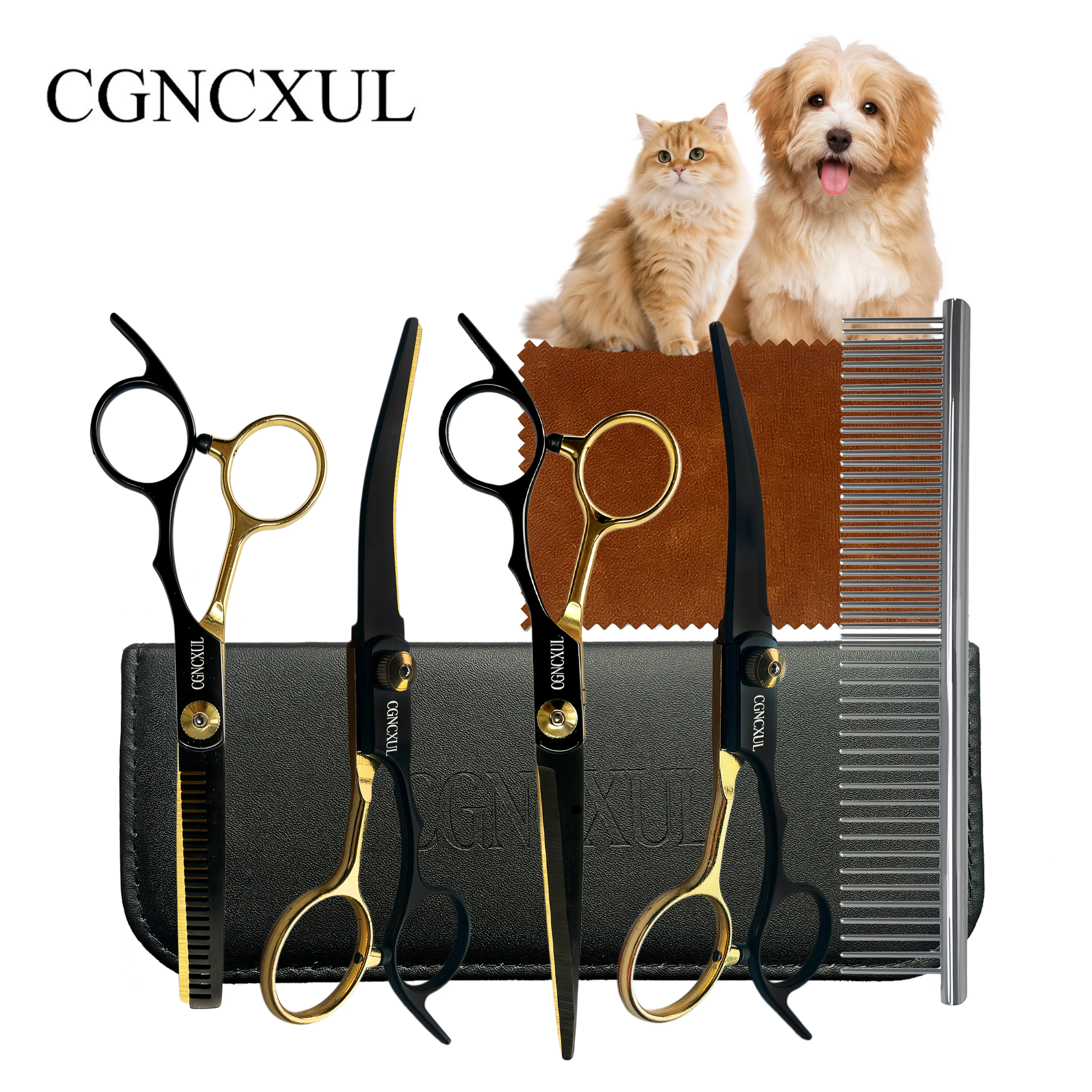【CGNCXUL】 7 PCS Professional Dog Grooming Scissors Kit, Stainless Steel Pet Grooming Shears Set with Thinning, Straight & Curved Scissors, Comb, Cleaning Cloth & Storage Case for Dogs & Cats At-Home Haircuts