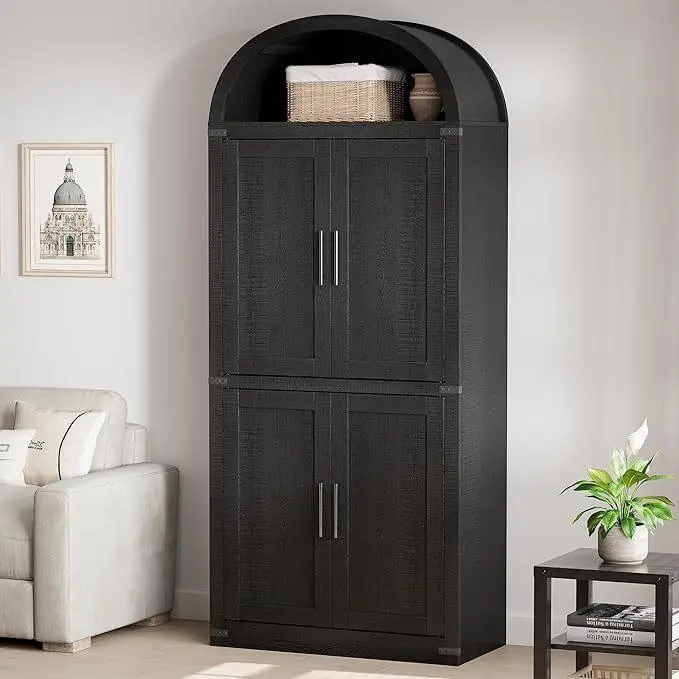【Christmas Gift】Arched Cabinet ,  Large Bookshelf with Doors, Arched Bookcase with Cabinets, 5 Tier Kitchen Cabinets for Dining Room，Black