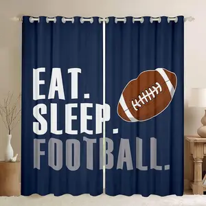 Rugby-Football Themed Home Textile Set, Darkening Drapes & Sheer Piece with Blue "Eat Sleep Football" Design, Home Decoration for Living Room & Bedroom, Home Decoration Curtain