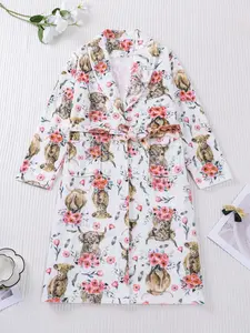 Women's Winter Plush Flannel Pajama Set, Soft Cow Head Print Sleepwear, Long Sleeve V Neck Nightgown with Pockets, Casual Home Wear