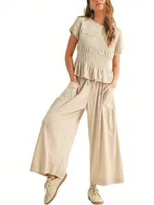 Women's Summer 2-Piece Set Top + Wide Leg Pants, Soft Breathable Fabric, High Waist Casual, Loose Fit with Pockets