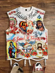 Jesus vest for men and women, Saint Tears vest for men, Virgin print summer vest, Christian sleeveless T-shirt, American retro summer clothes, 2026 new European and American street fashion trendy brand vest, Saint Tears, Streetwear, Unisex, Menswear