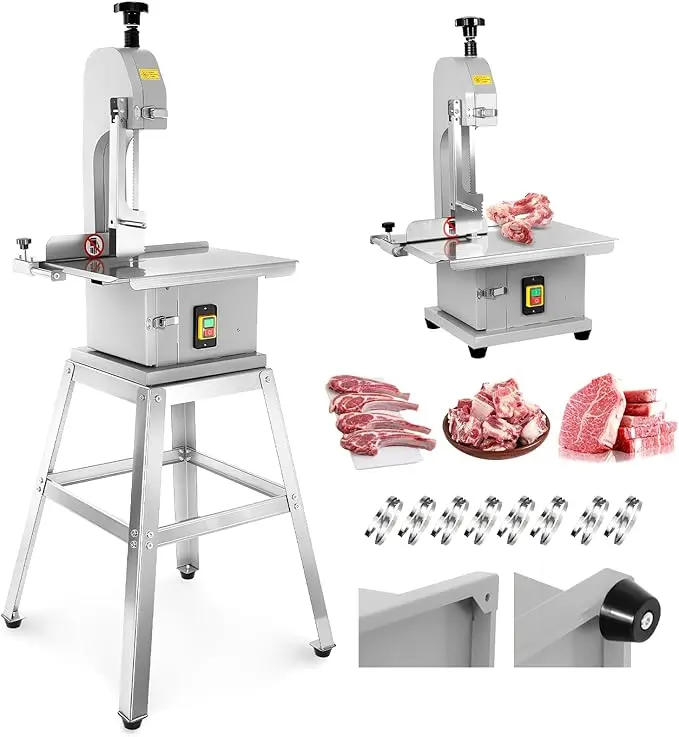 Commercial Stainless Steel Bone Saw Machine with 1500W Motor, Stand, 8-Blade Set, 18.7x12'' Worktable, Wider Putter, 4 Non-Slip Bases, 0.04-7.8 Inches Adjustable Cutting Thickness for Butchers Shops, Restaurants, Frozen Meat