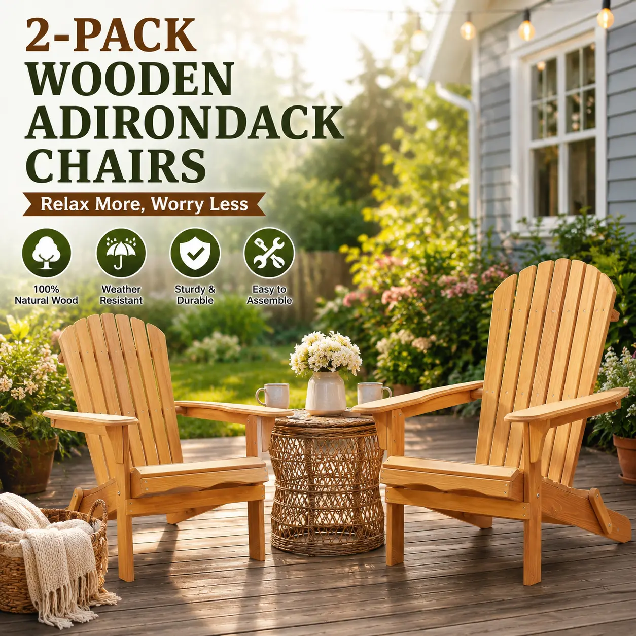 Adirondack Chair Set of 2 Wooden Outdoor Folding Lounge Chairs Half Assembled Patio Furniture for Fire Pit Backyard Garden Lawn Deck Pool Side Outside Clearance Heavy Duty Lawn Chairs Modern Brown