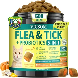 Flea and Tick Prevention Chews for Cats, 500 Crunchy Krill Chews with Probiotics, Supports Gut Digestive and Skin & Coat Health, for All Breeds & Ages, Chicken Flavor