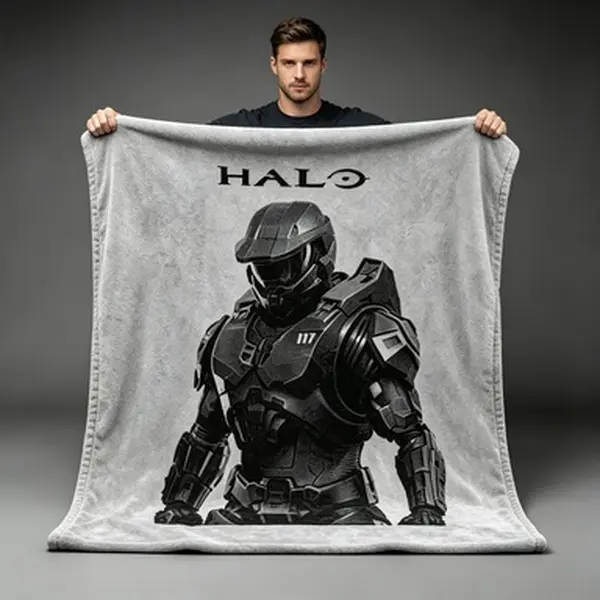 Halo Master Chief Double Printed Flannel Blanket Vintage Gaming Graphic Throw Blanket Soft Cozy Lightweight Retro Street Style Daily Use Trendy Gamer Blanket Holiday Gift for Men Women