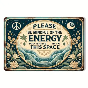 2D Flat 1pc Energy Mindfulness Metal Tin Sign - Bohemian Zen Style 8*12 Inch Aluminum Wall Art with Floral Celestial Design & Inspirational Quote - Single-Sided Decor for Home, Meditation Spaces, Yoga Studios, and Meditation Room