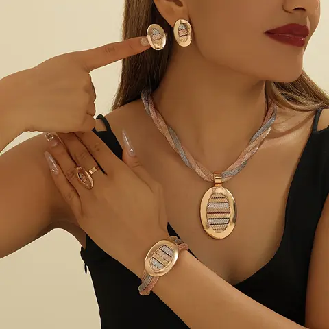Women's Elegant 5-Piece Gold Alloy Jewelry Set - Layered Earring Stack, Necklace, Bracelet, Ring - Party-Ready Costume Accessories Kit - 5-Piece Styling for Daily Use, Gifting - Accessories Kit Jewelry Sets