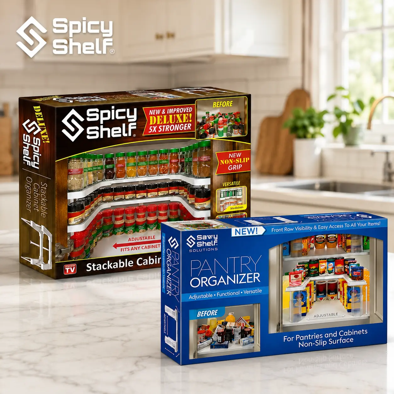 Spicy Shelf Deluxe & Savvy Shelf Adjustable Pantry Organizer - Kitchen, Cabinet Storage Solution for Boxes, Pantry Storage Needs, Containers