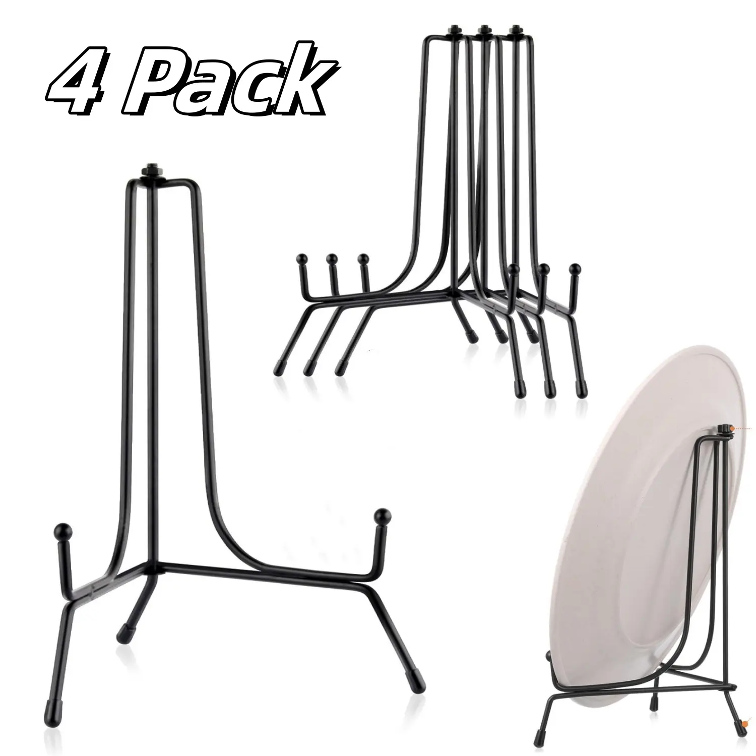 4-Pack Heavy Duty Minimalist Black Metal Plate Stands, 8in Angled Frame Anti-Slipping Rubber Easel Stands - Kitchen Room Accessories for Plate Display on Tabletops, Table Art, Pictures