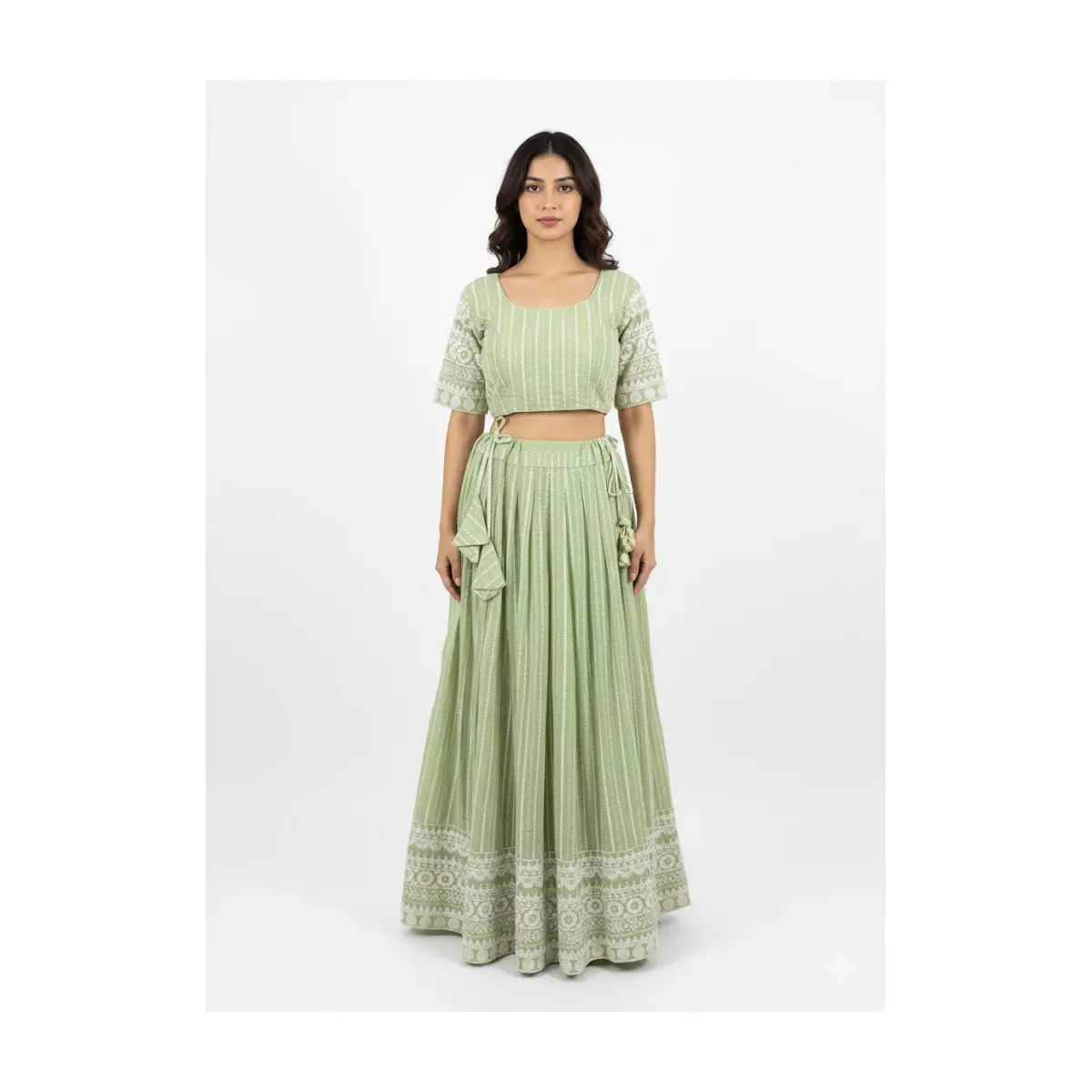 #K48 Elegant Pistachio Green cotton silk Blended  Embroidered Lehenga Choli Set
