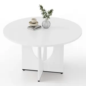 47 Inch Round Dining Table for 4-6 People, Modern Farmhouse Kitchen Table with Pedestal Base & Adjustable Feet, Circle Wood Dinner Table for Dining Room, Living Room, Apartment, Easy Assembly