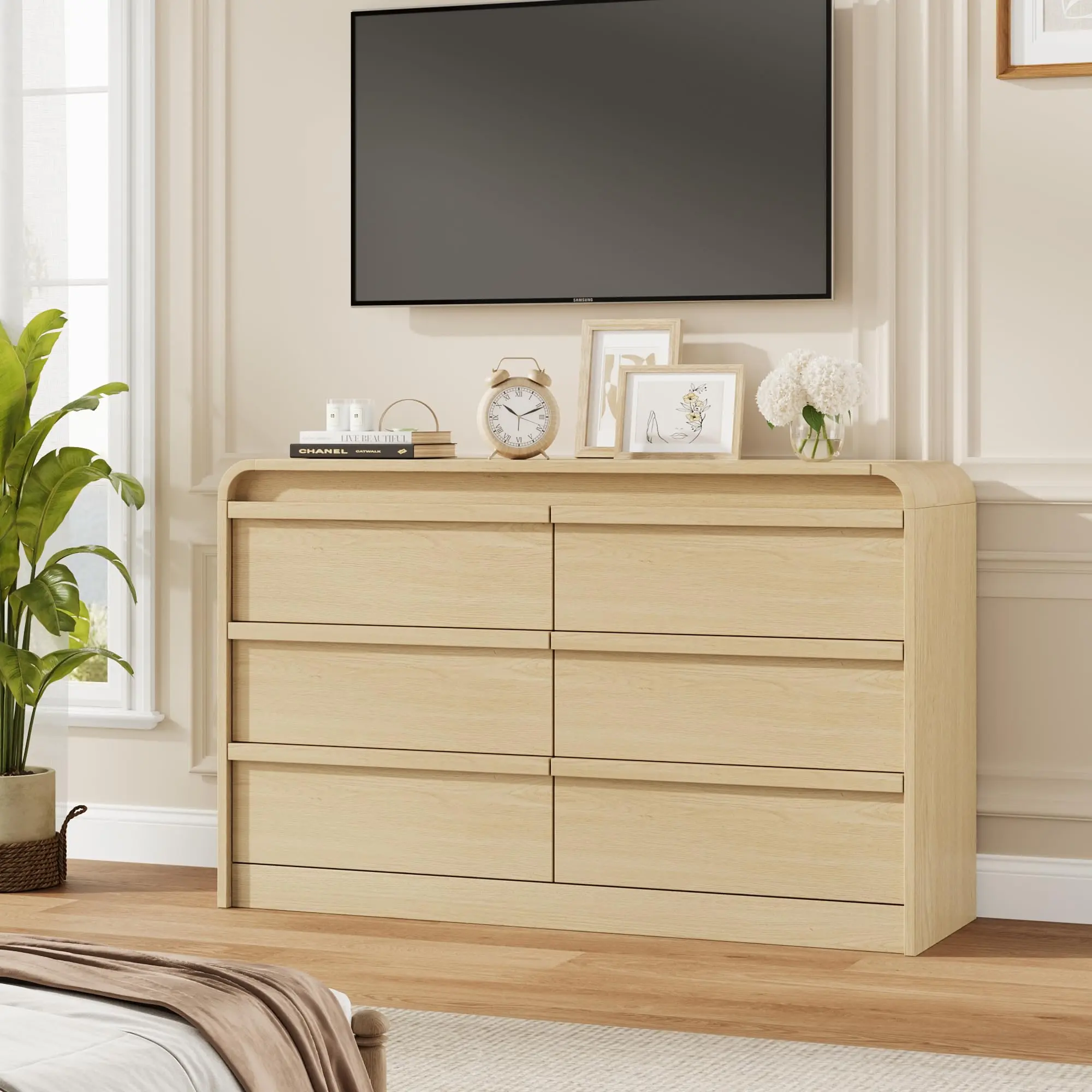 Garvee 6-Drawer Wooden Dresser, 47" Wide Mid-Century Modern Chest with Curved Profile, Bedroom Decor Ideas Clothes Storage Organizer for Bedroom, Living Room Natural